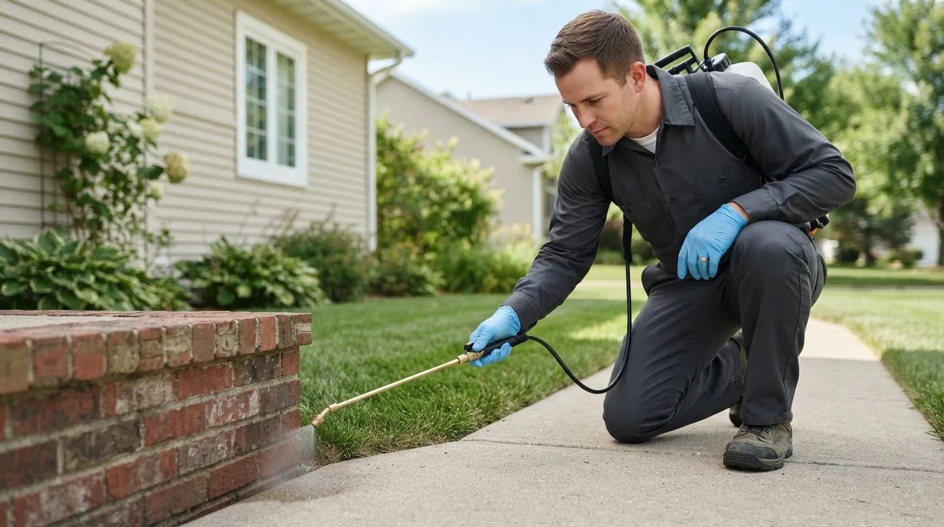 Pest control technician treating a home near Maddock, ND